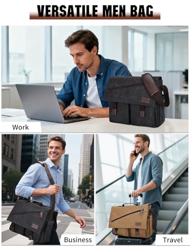 Messenger Bag for Men,Water Resistant Canvas Satchel 14 15.6 17 Inch Laptop Briefcases Business Shoulder Bag by RAVUO - color: 15.6 Inch-coffee
