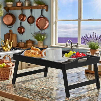 Bamboo Breakfast Tray Table with Folding Legs for Bed Table Sofa - Eating & Laptop Tray Bamboo with Folding Legs (Black) - color: Black