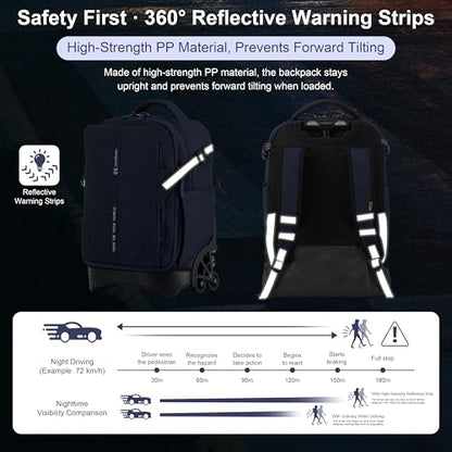 NEW TILAMI 18 Inch Expandable Rolling Backpack Stair-Climbing for School | 6-Wheel Stair-Climbing Girls Boys Carry-on Suitcase 15.6 Laptop Sleeve Water-Resistant Adjustable Handle Wheel Travel Camping - color: Navy Blue