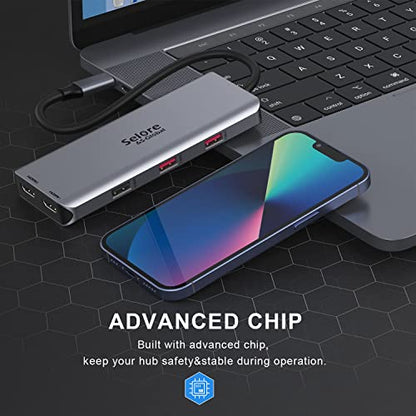 USB C Adapter HDMI Hub for MacBook Pro, Laptop Docking Station, 7 in 1 USB C Docking Station to Dual HDMI Displayport with 3 * 10Gbps USB Port, 100W PD Charging - color: Silver Grey