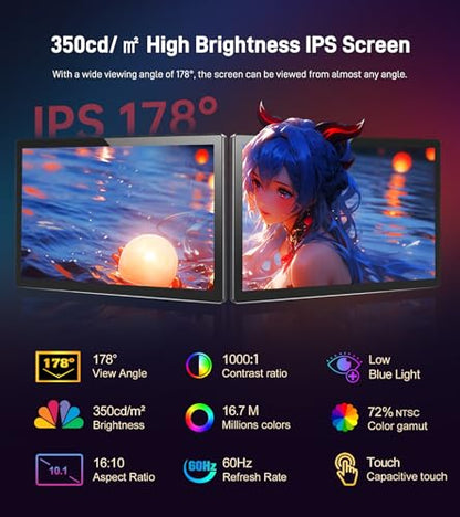 10.1 inch Portable Touchscreen Monitor, Screen Extender 1920x1200 IPS Travel Small Monitor with Cover, USB-C HDMI Computer Touch Screen Display for Laptop Windows PC, PS5/4 Xbox No Touch - size: 10 inch
