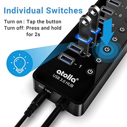 Power USB Hub 3.0, atolla 16 Port USB Splitter with 12V/6A Power Adapter and Individual Switches, High-Speed Data Transfer for Laptop, PC, Mac, and More Devices