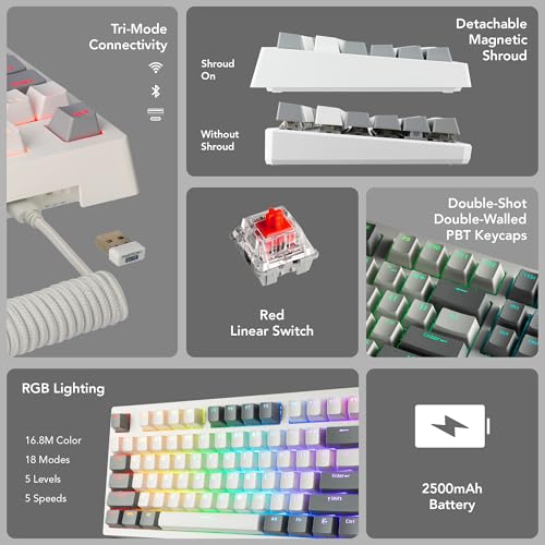 TECWARE Phantom+ Elite 87 Key RGB Mechanical Gaming Keyboard | 3 Mode Wireless Bluetooth 5.0 2.4GHz & USB C Wired | Hot Swappable 5 Pin | Double Shot PBT Keycaps | Wraith Red Switch - White - color: Red Switch, size: Phantom+ Elite 87 | White