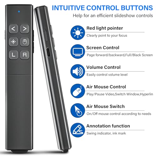 Presentation Clicker with Air Mouse - USB C Wireless Presenter Remote Clicker with Pointer, RF 2.4GHz PowerPoint Clicker for Presentation - color: Black