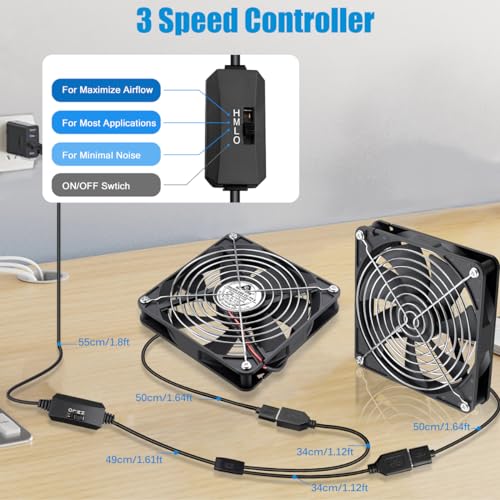 GDSTIME Dual 140mm USB Fan with Speed Control, 5V Powered DC Cooling Cooler | Low Noise, High Airflow, Brushless Computer Fans, for Receiver DVR PlayStation Xbox Computer Cabinet Cooling - size: 140x25mm