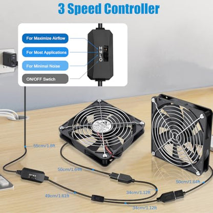 GDSTIME Dual 140mm USB Fan with Speed Control, 5V Powered DC Cooling Cooler | Low Noise, High Airflow, Brushless Computer Fans, for Receiver DVR PlayStation Xbox Computer Cabinet Cooling - size: 140x25mm