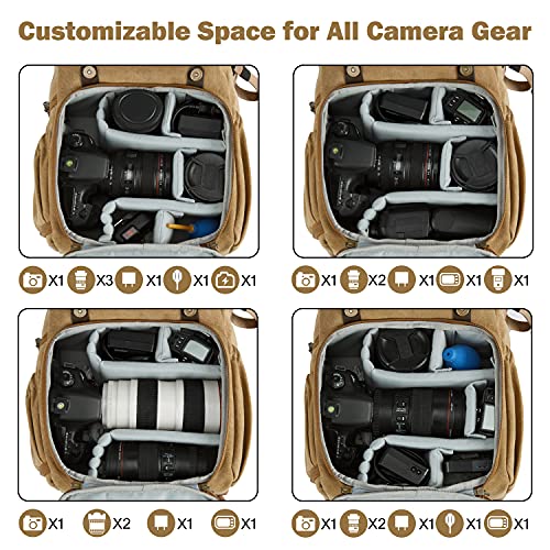 BAGSMART Camera Backpack, DSLR Camera Bag, Waterproof Camera Bag Backpack for Photographers, Fit up to 15" Laptop with Rain Cover and Tripod Holder, Khaki - color: G-khaki[double Buckle]