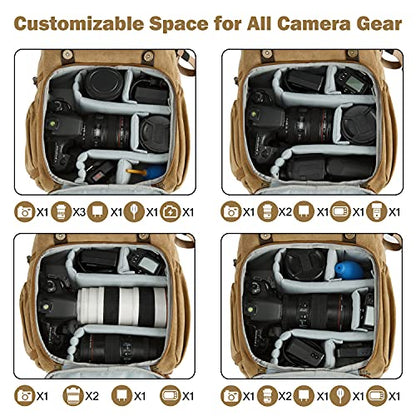 BAGSMART Camera Backpack, DSLR Camera Bag, Waterproof Camera Bag Backpack for Photographers, Fit up to 15" Laptop with Rain Cover and Tripod Holder, Khaki - color: G-khaki[double Buckle]
