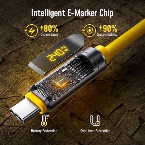 AOHI USB4 2.0 Cable with LED Display 6.6ft, 240W PD3.1 Fast Charging, 80Gbps Data Transfer, Dual 8K Display, The Future Adonis USB C Cable for MacBook Pro/iPhone 17 Pro Max/Galaxy/SSD/Docking, Yellow