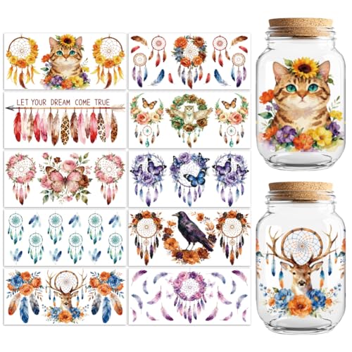 Dreamcatcher Animals UV DTF Cup Wraps, 10 Sheets Transfer Sticker | Waterproof UV DTF Stickers, Custom Vinyl Decals for 16oz Coffee Cups Tumblers Bottles Mugs, DIY Gifts & Crafts - style: Dreamcatcher with Animal