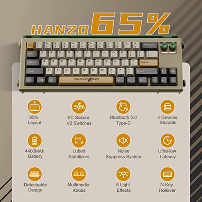 SHURIKEY 65% Mechanical Gaming Keyboard, Varmilo Sakura Switches, BT5.0+USB-C, 4 Devices Connection, LED Backlit 4400mAh Battery, Anti-Ghosting 65 Keys Wireless Keyboard for Windows Mac