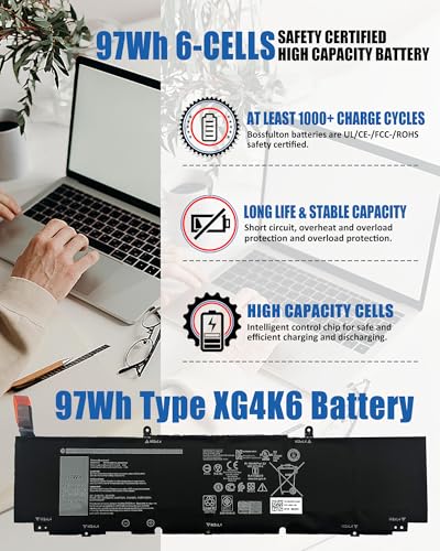 97Wh XG4K6 Battery Replacement for Dell XPS 17 9700 9710 9720 9730 Precision 5750 5760 5770 Series P92F P92F001 P92F002 P92F003 01RR3 001RR3 F8CPG 0F8CPG 0YY3V - size: 12.9*3.54*0.39 inch XG4K6