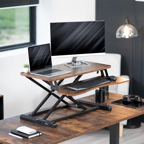 VIVO Rustic Vintage Brown 32 inch Standing Desk Converter, DESK-V000KN | Height Adjustable, Stand Up Desk Riser, Wide Keyboard Tray, Dual Monitor and Laptop Workstation, Black Frame, K Series - color: Vintage Brown, size: 32"