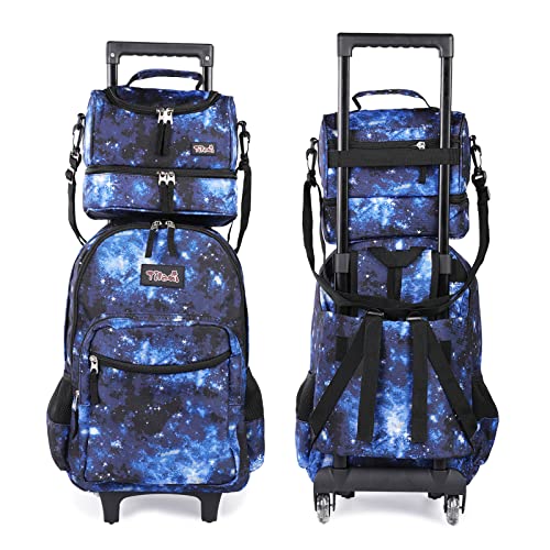Tilami Rolling Backpack 18 inch Double Handle with Lunch Bag Wheeled Kids Backpack for Girls and Boys, Galaxy Blue - color: Galaxy Blue