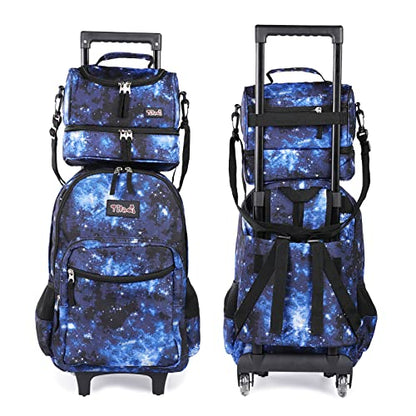 Tilami Rolling Backpack 18 inch Double Handle with Lunch Bag Wheeled Kids Backpack for Girls and Boys, Galaxy Blue - color: Galaxy Blue