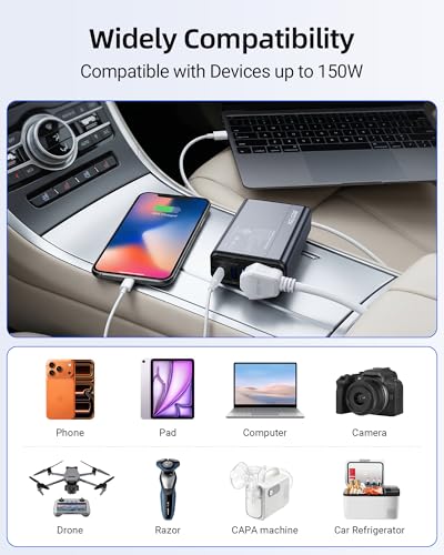 BESTEK 150W Power Inverter 11-17V, 30W USB-C, 18W USB-A Car Charger Adapter | 12V DC to 110V AC Converter, Vehicle Cigarette Lighter Plug Outlet for Tesla RV Phone Laptop, ETL Certified, Aluminum Housing - color: Grey