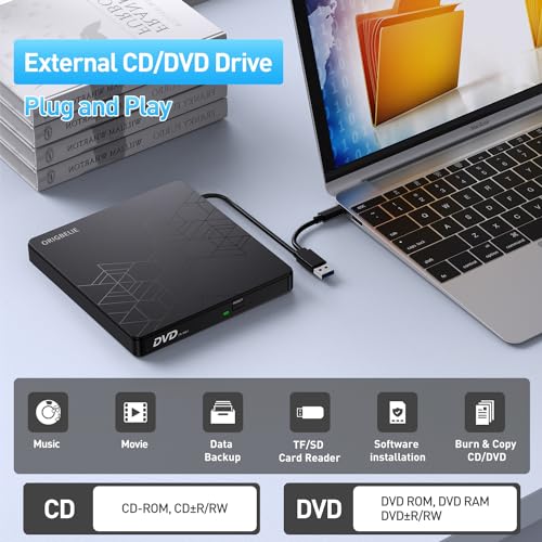 ORIGBELIE External CD DVD Drive 2 USB Port 2 TF/SD Card Slot &Carrying Case | USB C 3.0 CD DVD ROM Player Burner Reader Writer Rewriter Optical Disk Drive for Laptop PC Macbook OS Windows 11/10/8/7 Linux - size: 5.98" x 5.5" x 0.6"
