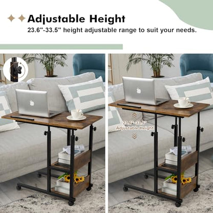 Hadulcet Adjustable C Table with Charging Station, Tiltable Desk C Shaped End Table for Couch, Over Bed Table with Wheels Adjustable Height, Hospital Table Laptop Stand Drawing Desk, Rustic Brown - color: Romantic Brown, style: Upgrade