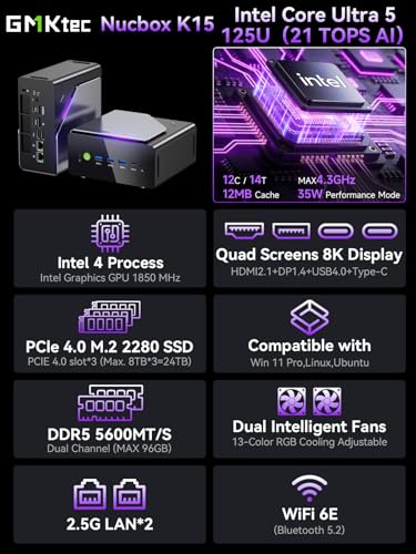 GMKtec K15 AI Mini PC Oculink Intel Ultra 5 125U 32GB DDR5 512GB SSD | Desktop Computer AI Boost, 3X M.2 2280 Storage Expansion, Dual NIC 2.5GbE, HDMI 2.1, USB4 - size: Intel Ultra 5 125U 32GB DDR5 + 512GB