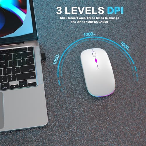 AIKOKOK Wireless Bluetooth Mouse, Rechargeable, Dual Mode Bluetooth 5.2 & 2.4G USB, LED Lights, Slim, Silent, Portable Computer Mouse for Laptop, PC, MacBook, iPad, Tablet (White) - color: White