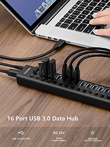 Powered USB Hub Rosonway 16 Ports 96W USB 3.0 Data Hub Aluminum USB Hub 3.0 Splitter with 12V/8A Power Adapter and Individual On/Off Switches RSH-A16 (Black) - size: 16 Ports USB 3.0 hub