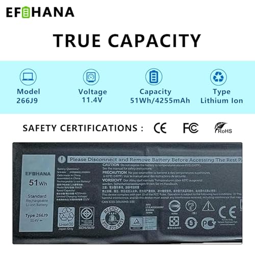 51Wh 266J9 Battery Replacement for Dell G3 15 3590 3500 G5 15 5500 SE 5505 P89F Inspiron 5490 INS 15PR-1545W 1548BR 1645W 1742BR 1742W Series 0415CG C9VNH 0PN1VN 0M4GWP 11.4V 3-Cell - size: 10.35×3.43×0.29 in 266J9