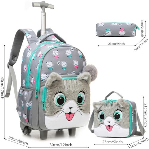 Kids Fluffy Cat Rolling Backpack for Girls, Bookbag Wheeled Gray | Trolley Suitcases Luggage, Travel with Wheels, 3PCS Roller Backpacks Set, Toddler School Bags, Elementary Back Pack - color: Gray-0121-maomi