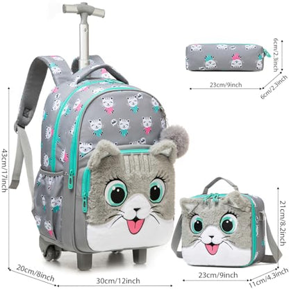Kids Fluffy Cat Rolling Backpack for Girls, Bookbag Wheeled Gray | Trolley Suitcases Luggage, Travel with Wheels, 3PCS Roller Backpacks Set, Toddler School Bags, Elementary Back Pack - color: Gray-0121-maomi