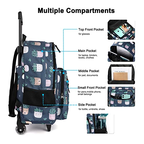 Tilami Rolling Backpack 18 inch Double Handle with Lunch Bag Wheeled Kids Backpack for Girls and Boys, Plants Blue - color: Plants Blue