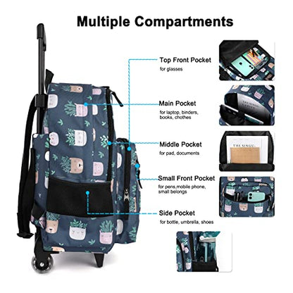 Tilami Rolling Backpack 18 inch Double Handle with Lunch Bag Wheeled Kids Backpack for Girls and Boys, Plants Blue - color: Plants Blue