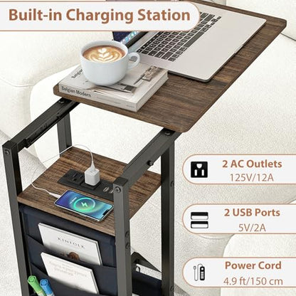 GIANTEX 27" C Shaped End Table w/Charging Station, Rolling Wheels | Slide Under Couch, Outlets & USB Port, Side Table Nightstand Small Laptop Sofa TV Tray C Table for Living Room, Rustic Brown