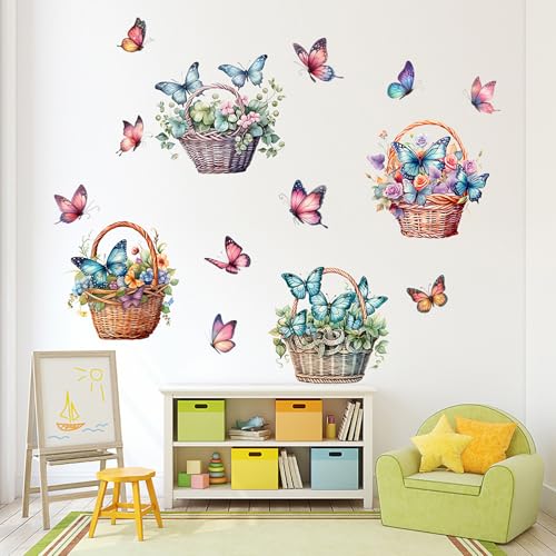 Flower Basket Butterfly Wall Stickers Bedroom Bathroom Restroom Cistern Nursery Decor DIY Removable Bouquet Toilet Seat Lid Decals 4 Pcs (Green) - color: Green