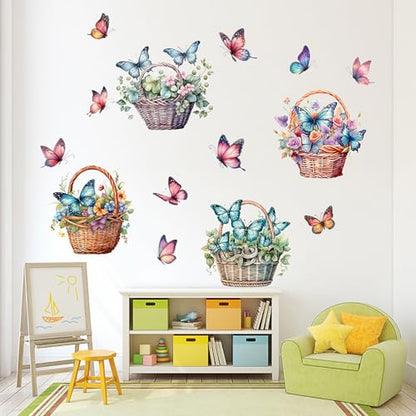 Flower Basket Butterfly Wall Stickers Bedroom Bathroom Restroom Cistern Nursery Decor DIY Removable Bouquet Toilet Seat Lid Decals 4 Pcs (Green) - color: Green