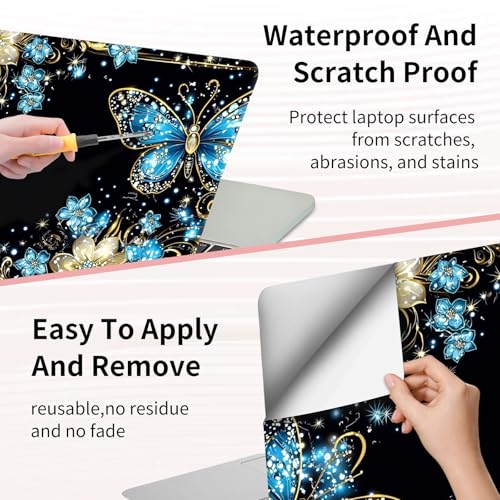 15.6 Inch Laptop Skin Sticker, Reusable Vinyl Cover Protector with 2 Wrist Pad Skins, Removable Waterproof Scratch-Resistant for 12-15.6 Inch Laptop Notebook,Blue and White Butterfly - color: Blue And White Butterfly
