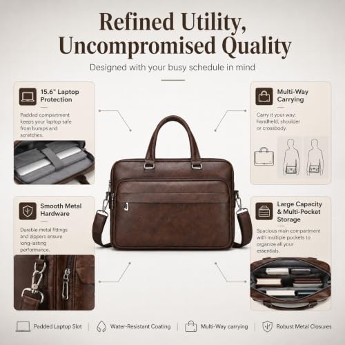 Men's Leather Laptop Bag 15 IN, Water-Resistant Briefcase Messenger Bag for Work, Business, Shoulder Crossbody Office Satchel - color: Brown