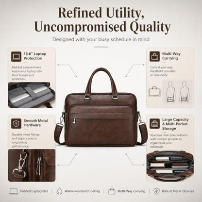 Men's Leather Laptop Bag 15 IN, Water-Resistant Briefcase Messenger Bag for Work, Business, Shoulder Crossbody Office Satchel - color: Brown