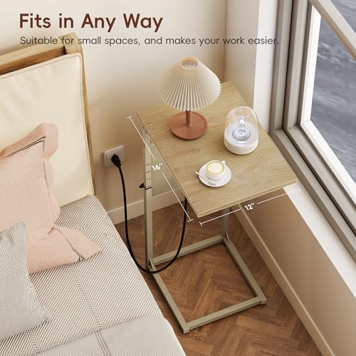 Vagusicc C Shaped End Table with Charging Station, Adjustable Height C Table End Table, Small Side Table for Couch, Couch Table Slide Under Sofa Table TV Tray Arm Table for Living Room,Bedroom,Natural - color: Natural Walnut, style: With Plug