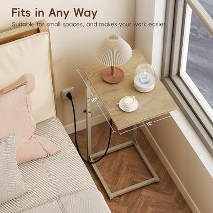 Vagusicc C Shaped End Table with Charging Station, Adjustable Height C Table End Table, Small Side Table for Couch, Couch Table Slide Under Sofa Table TV Tray Arm Table for Living Room,Bedroom,Natural - color: Natural Walnut, style: With Plug