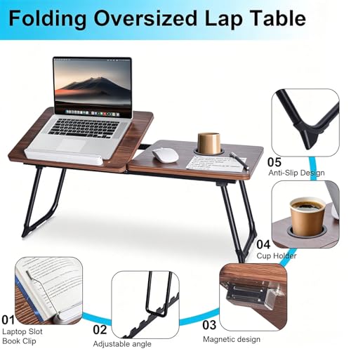 28.7" Extra Wide Lap Desk & Bed Desk - Foldable Laptop Bed Tray Table for Adults, Large Bed Trays for Eating and Laptops, Portable Floor Desk with Cup & Phone Holder for Couch, Working, Craftin