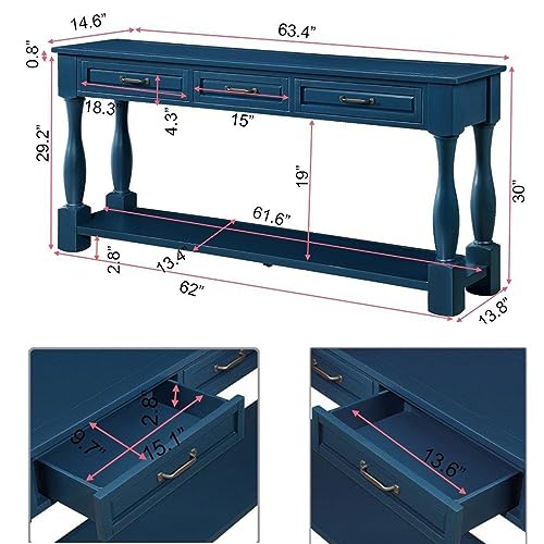 63.4"Solid Wood Console Table with Drawers,Sofa Table,Entryway Table | Navy Blue Console Table with 3 Drawers and Bottom Shelf;Solid Wood Narrow Sofa Table for Hallway,Foyer,Easy Assembled - color: Blue