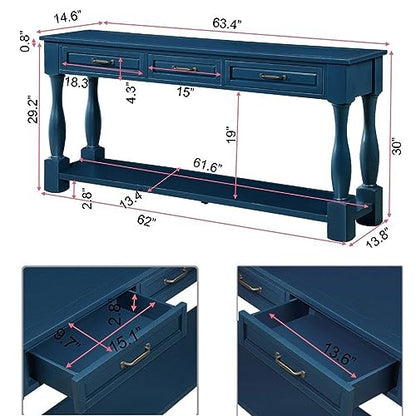 63.4"Solid Wood Console Table with Drawers,Sofa Table,Entryway Table | Navy Blue Console Table with 3 Drawers and Bottom Shelf;Solid Wood Narrow Sofa Table for Hallway,Foyer,Easy Assembled - color: Blue