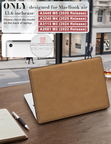 iCasso Compatible with Mac BookAir 13 case 2026 2025 2024 2023 2022 A3449 A3240 A3113 A2681, Leather Mac Book case & Keyboard Cover&Screen Film for MacBook air 13 inch M5 M4 M3 M2,Brown - color: Brown Leather