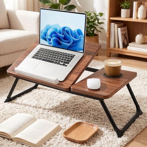 Adjustable Laptop Desk for Bed and Couch, Foldable Portable Lap Desk for Adults, Multi-Angle Bed Table Tray for Laptop and Writing, Lap Stand with Foldout Legs for Reading & Breakfast-Walnut Brown