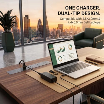 65W Laptop Charger Compatible with Dell Inspiron Latitude, 4.5mm/7.4mm | 65W Adapter with 4.5mm & 7.4mm Dual Tips. Compatible with Dell Inspiron, Latitude & Vostro. 9FT Cord, Supports 45W.