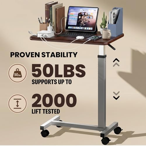 WOTURE Pneumatic Adjustable Overbed Bedside Table with Wheels - Hospital & Home Use, Medical Bed Table, Mobile Standing Desk, Rolling Laptop Cart, Non Tilt Surface(23.6" L x 15.7" W, Walnut) - color: Walnut