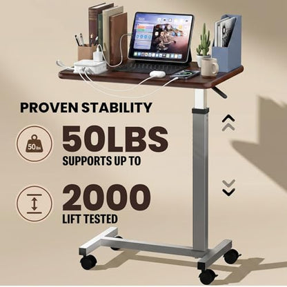 WOTURE Pneumatic Adjustable Overbed Bedside Table with Wheels - Hospital & Home Use, Medical Bed Table, Mobile Standing Desk, Rolling Laptop Cart, Non Tilt Surface(23.6" L x 15.7" W, Walnut) - color: Walnut
