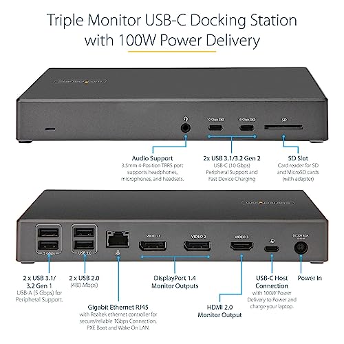 StarTech USB-C Triple 4K Dock with 100W PD, DP 1.4 DSC, 6-Port 10Gbps, GbE | Windows, Chrome, 2x DisplayPort 1.4, HDMI 2.0, SD 3.0 reader, 2x security K-Slots, Audio, Headset port - style: 2 x DP + HDMI|100W PD