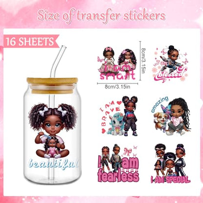 Rngmsi UV DTF Cup Wrap - 16 Sheets Black Girl UV DTF Cup Wraps for 16 oz Glass, Inspirational Quote Uvdtf Stickers for Water Botters, Cute Dog Bow Waterproof Rub on Transfer Decals, DIY Crafts - style: Black Girl