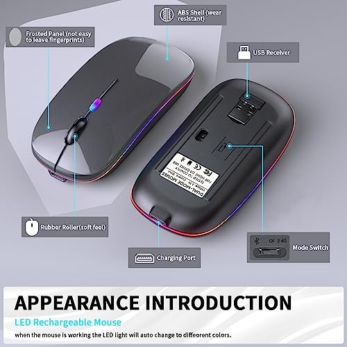 KANMABPC Wireless Bluetooth Mouse – Rechargeable, Silent, Dual Mode (Bluetooth 5.2 & USB) with LED Lights – Portable for Laptop, Desktop, & Tablet(Grey) - color: grey