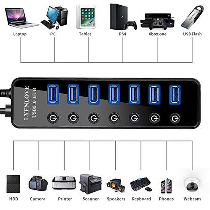 Powered USB Hub 3.0 Extender, Multiple Port Hub Splitter for Laptop PC with Power Adapter and Charging Port, USB Expander with On/Off Switches for MacBook, iMac, Surface Pro